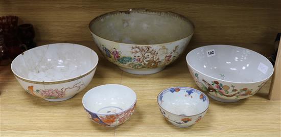 A Chinese Qianlong period famille rose punch bowl and four other Qianlong period porcelain bowls diameter 38.8cm